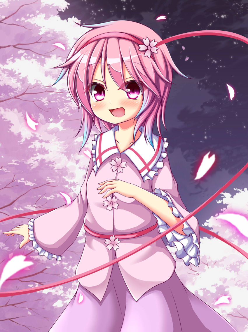 1girl :d absurdres alternate_costume blue_hair blush cherry_blossoms commentary_request flower frilled_collar frilled_sleeves frills gradient_hair hair_flower hair_ornament hairband highres komeiji_satori long_sleeves looking_at_viewer mochizuki_hull multicolored_hair open_mouth pink_eyes pink_hair pink_shirt pink_skirt shirt short_hair skirt smile touhou