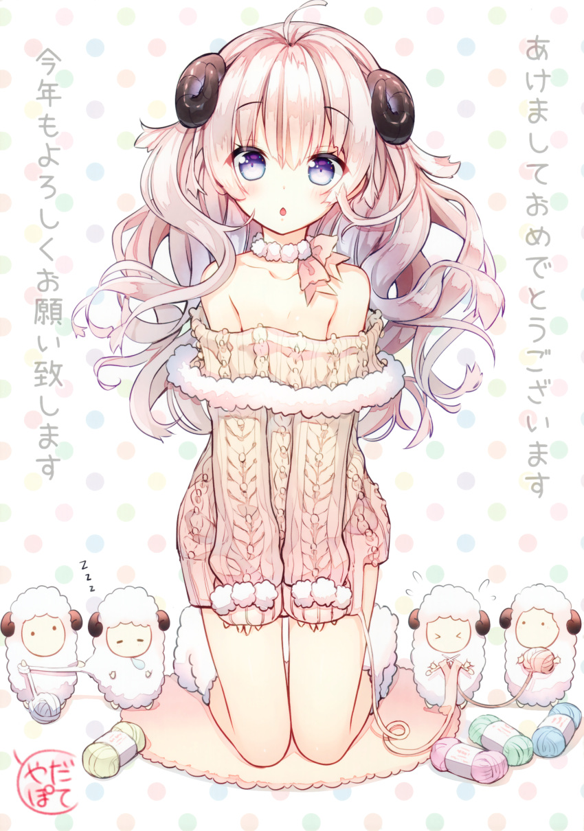 1girl absurdres bare_shoulders bow choker highres horns kneeling knitting knitting_needle long_hair looking_at_viewer needle sheep silver_hair solo sweater_dress violet_eyes yadapot yarn