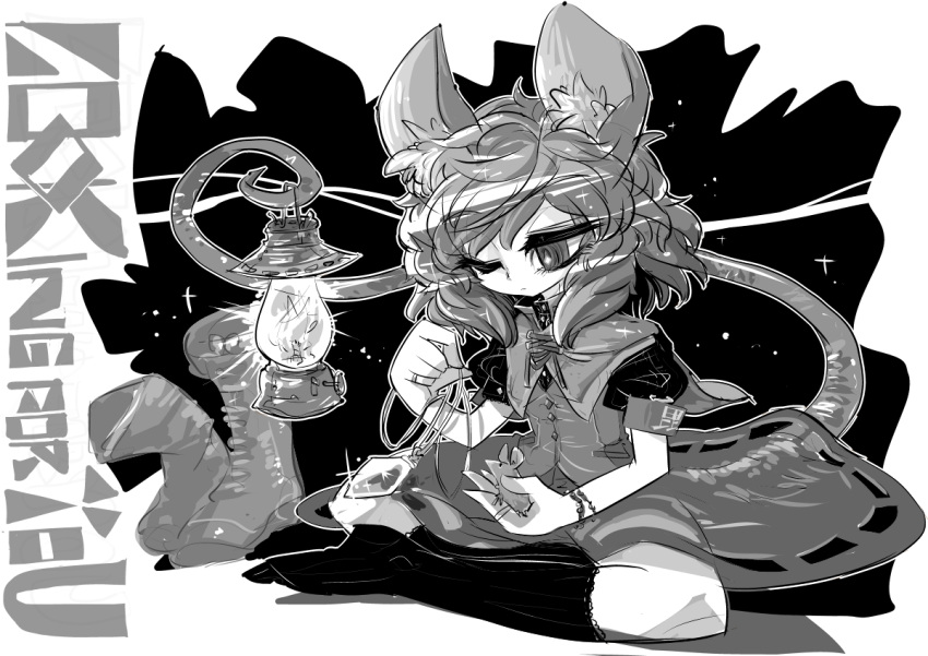 1girl animal_ears capelet dress jewelry lamp monochrome mouse_ears mouse_tail nazrin one_eye_closed short_hair solo tail touhou yt_(wai-tei)