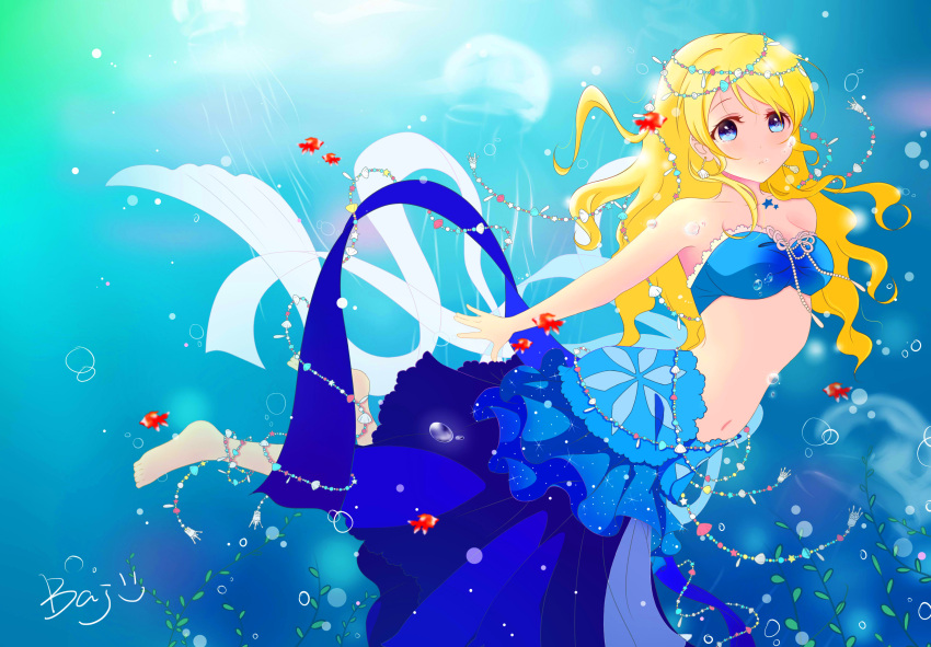 ayase_eli bikini blonde_hair blueeyes blush jewelry long_hair love_live!_school_idol_project mermaid underwater