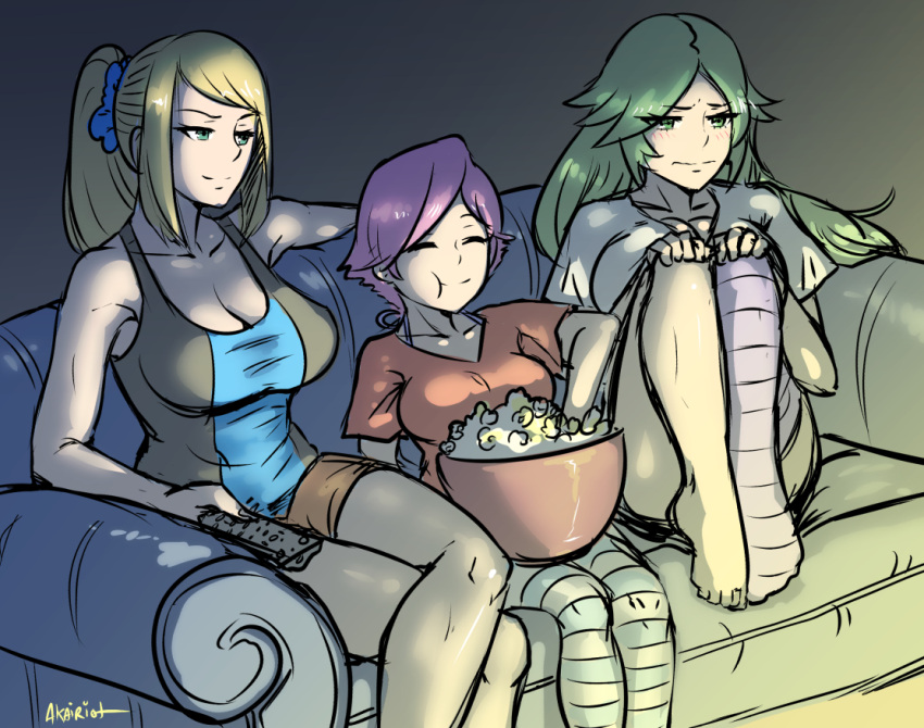 3girls :t akairiot bangs blue_eyes breasts casual cleavage commentary controller couch crossed_legs doubutsu_no_mori female green_eyes green_hair kid_icarus kid_icarus_uprising large_breasts leg_hug long_hair metroid multiple_girls palutena parted_bangs pink_hair ponytail popcorn remote_control samus_aran scrunchie short_hair shorts single_thighhigh sitting smile super_smash_bros. swept_bangs tank_top thigh-highs villager_(doubutsu_no_mori) watching_television