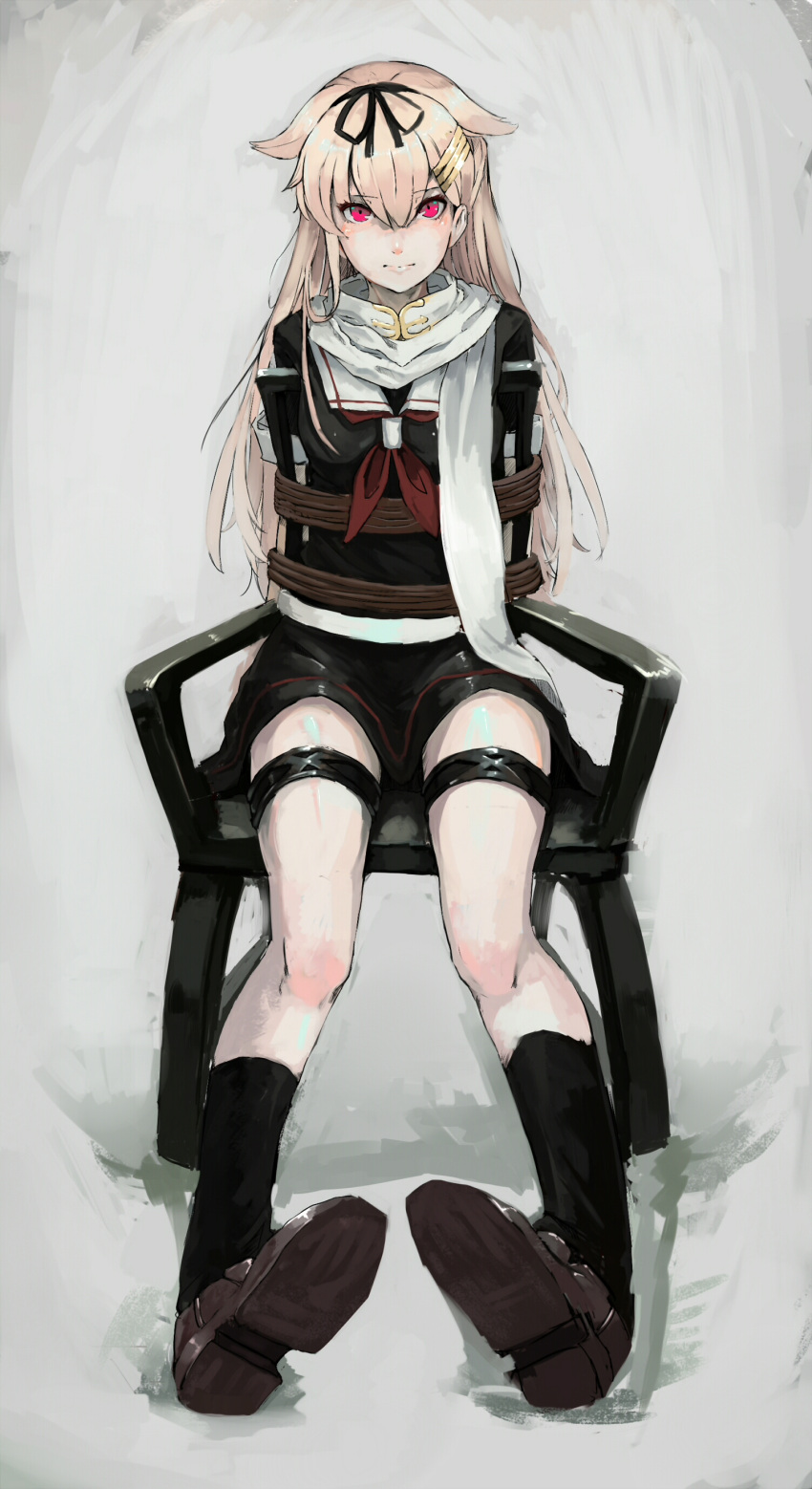 1girl absurdres arms_behind_back black_legwear black_serafuku blonde_hair brown_shoes chair expressionless full_body glaring hair_flaps hair_ornament hair_ribbon hairclip highres kantai_collection kneehighs long_hair looking_at_viewer messy_hair neckerchief red_eyes remodel_(kantai_collection) ribbon scarf school_uniform serafuku shoes simple_background sitting solo straight_hair tied_up white_background xue_feng yuudachi_(kantai_collection)