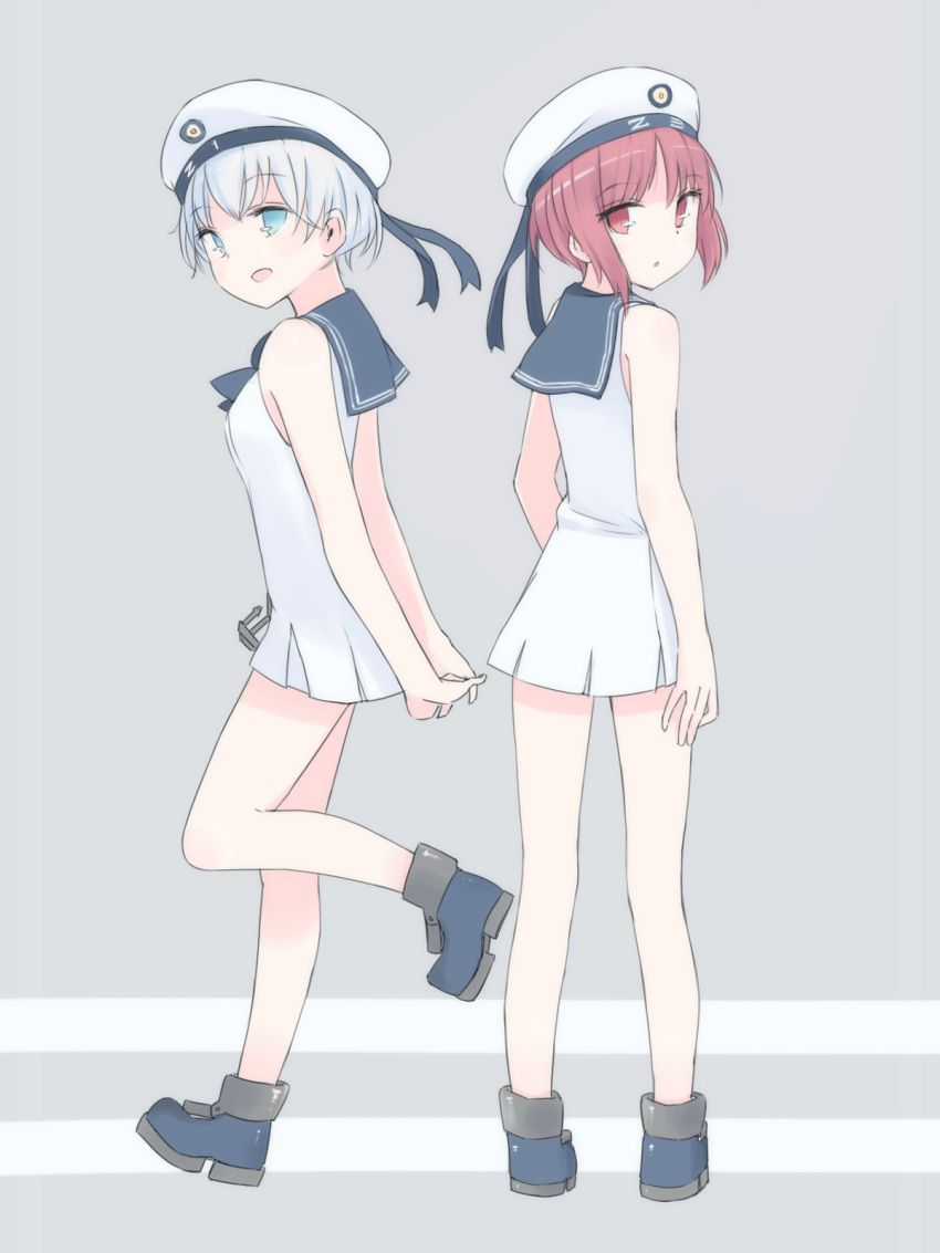 2girls arms_behind_back bare_shoulders blue_eyes clothes_writing from_behind full_body hat highres kantai_collection leg_up looking_back multiple_girls open_mouth red_eyes redhead sailor_collar sailor_hat seedflare shirt short_hair silver_hair sleeveless sleeveless_shirt standing z1_leberecht_maass_(kantai_collection) z3_max_schultz_(kantai_collection)