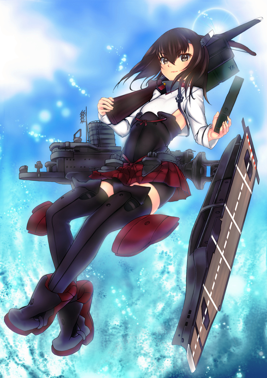 1girl absurdres bike_shorts black_legwear blue_sky bow_(weapon) brown_eyes brown_hair clouds colored commentary_request crossbow crossed_legs dri_(drinker-dor) flat_chest flight_deck full_body headband headgear highres holding kantai_collection kuromen light_smile long_sleeves looking_at_viewer magazine_(weapon) outdoors over_shoulder pleated_skirt short_hair skirt sky solo splashing taihou_(kantai_collection) thigh-highs weapon