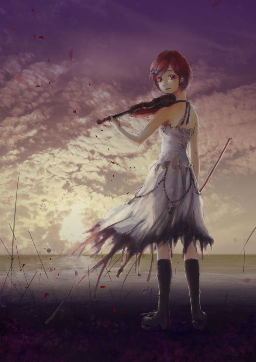 absurdres bangs bangs_pinned_back bare_shoulders boots bow_(instrument) clouds cloudy_sky cross dress earrings from_behind hair_ornament halterneck highres horizon instrument jewelry kisaragi_yuki_emilio knee_boots looking_at_viewer looking_back ocean original parted_lips petals red_eyes redhead sky star_hair_ornament strapless_dress sunset swept_bangs traditional_media violin