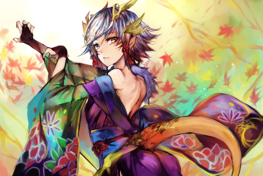 1girl ass bare_shoulders blue_eyes bridal_gauntlets dragon_girl dragon_tail facial_mark floral_print hair_between_eyes hair_ornament heterochromia highres horns japanese_clothes kaede_(p&amp;d) kimono long_sleeves mi_bait obi off_shoulder pointy_ears puzzle_&amp;_dragons sash scales short_hair silver_hair solo tail wide_sleeves yellow_eyes