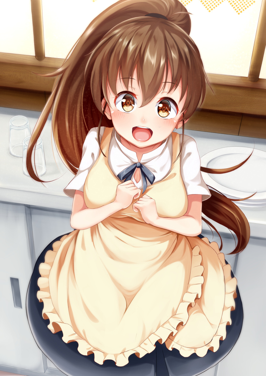 1girl apron brown_eyes brown_hair drinking_glass highres igakusei long_hair looking_at_viewer open_mouth plate ponytail shirt skirt smile solo taneshima_popura very_long_hair waitress working!!