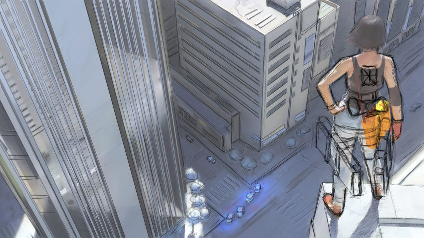 1girl black_hair building cityscape elbow_pads faith_connors hand_on_hip highres looking_down mirror's_edge parody shingeki_no_kyojin shoes short_hair single_glove skyscraper sneakers solo tank_top tattoo three-dimensional_maneuver_gear work_in_progress