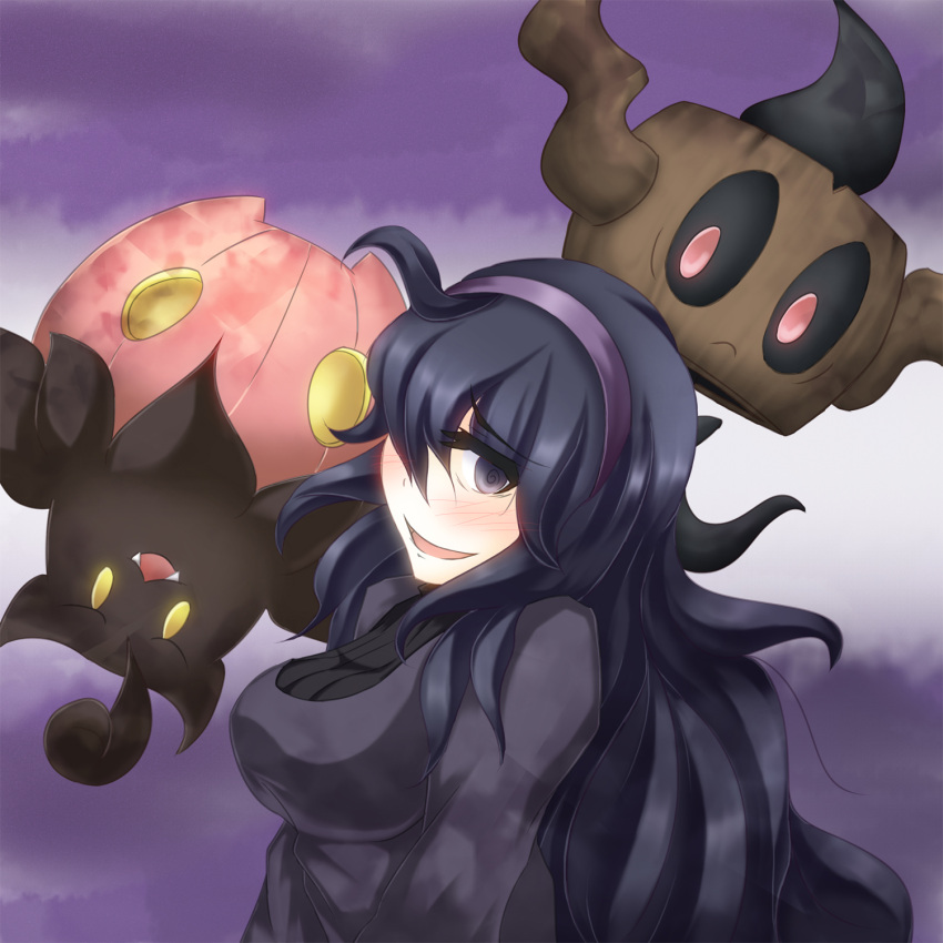 1girl @_@ ahoge al_bhed_eyes bags_under_eyes black_hair breasts dress hairband hex_maniac_(pokemon) highres long_hair messy_hair nail_polish npc pale_skin phantump pokemon pokemon_(creature) pokemon_(game) pokemon_xy pumpkaboo purple_hair sweater violet_eyes