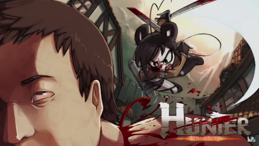 1girl black_hair blood blood_on_face blood_splatter blue_eyes boots cable cutting dual_wielding flat_chest furry giant jacket junkpuyo kenny_(ken_ashcorp) knee_boots original panda_ears shingeki_no_kyojin short_hair solo sword three-dimensional_maneuver_gear titan_(shingeki_no_kyojin) watermark weapon