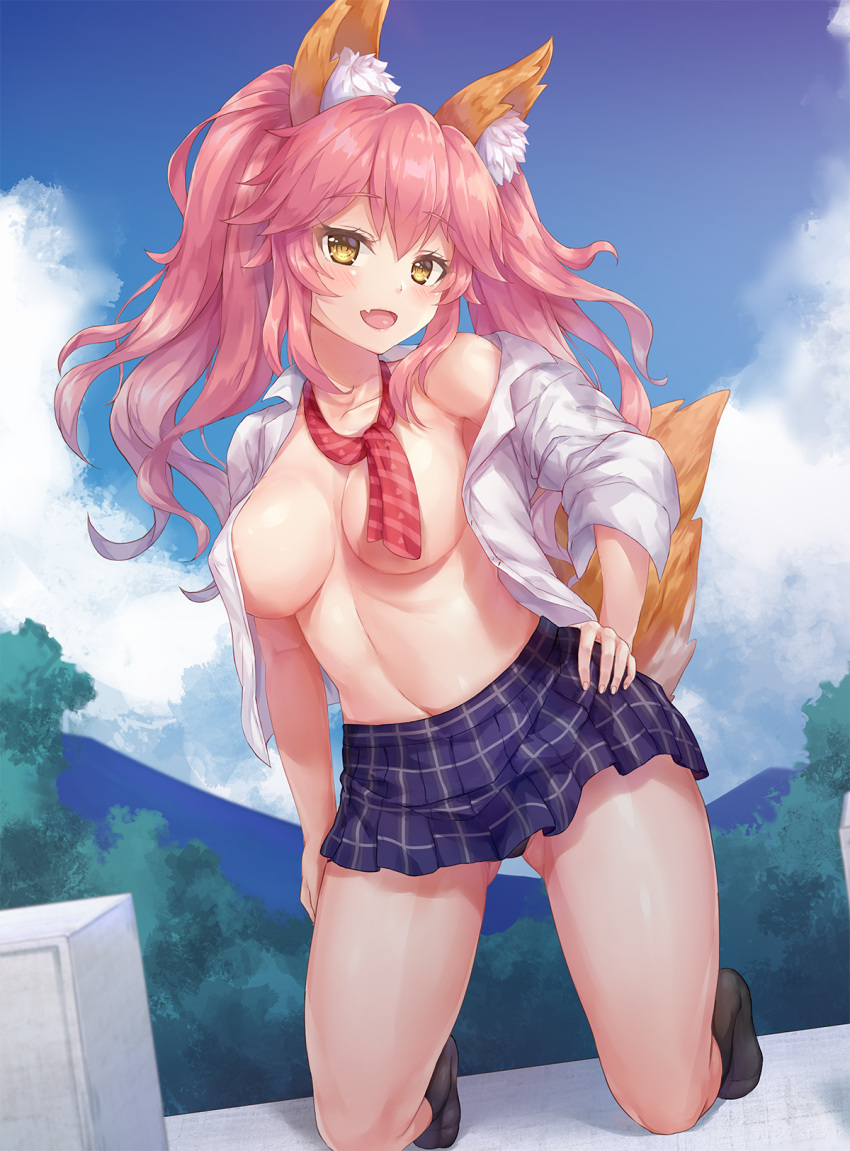 1girl :d animal_ears bangs black_legwear blue_skirt blue_sky blush breasts chaou cleavage clouds collarbone collared_shirt commentary day dress_shirt dutch_angle erect_nipples eyebrows_visible_through_hair fang fate/extella fate/extra fate_(series) fingernails floating_hair fox_ears fox_tail full_body gluteal_fold hair_between_eyes hand_on_hip head_tilt highres kneeling large_breasts long_hair long_sleeves looking_at_viewer mountain navel no_bra no_shoes off_shoulder open_mouth outdoors pink_hair plaid plaid_skirt pleated_skirt red_neckwear school_uniform shiny shiny_hair shiny_skin shirt sidelocks single_bare_shoulder skirt sky smile socks solo tail tamamo_(fate)_(all) tamamo_jk_(fate) thighs tree twintails unbuttoned yellow_eyes