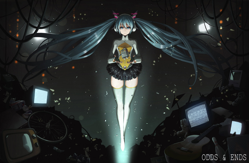1girl aqua_eyes aqua_hair copyright_name defiaz_(infinity) fingerless_gloves floating_hair full_body gloves hatsune_miku headphones highres long_hair looking_at_viewer odds_&amp;_ends_(vocaloid) robot skirt smile solo thigh-highs twintails very_long_hair vocaloid