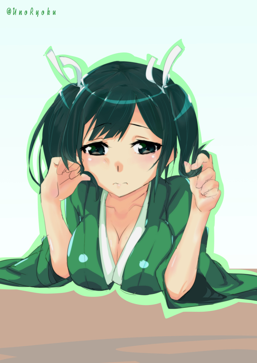 1girl 3: breast_rest breast_squeeze breasts cleavage collarbone commentary_request green_background green_eyes green_hair hair_ribbon hair_tousle highres japanese_clothes kantai_collection large_breasts looking_at_viewer portrait ribbon short_twintails simple_background solo souryuu_(kantai_collection) table twintails twitter_username uno_ryoku