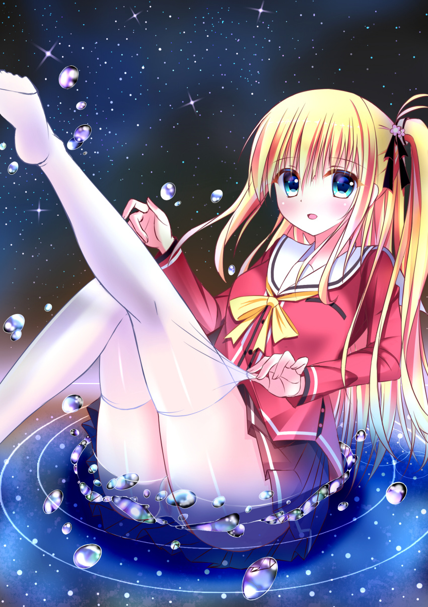 1girl absurdres blonde_hair blue_eyes charlotte_(anime) highres long_hair nishimori_yusa one_side_up school_uniform side_ponytail thigh-highs tongtongtong