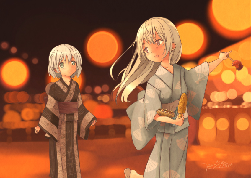 2girls :d artist_name blonde_hair blue_eyes candy_apple corn eila_ilmatar_juutilainen festival grey_hair holding_food japanese_clothes kimono long_hair long_sleeves looking_at_another multiple_girls obi open_mouth parted_lips pochi_(poti1990) print_kimono sanya_v_litvyak sash short_hair signature silver_hair smile standing strike_witches violet_eyes wide_sleeves yukata