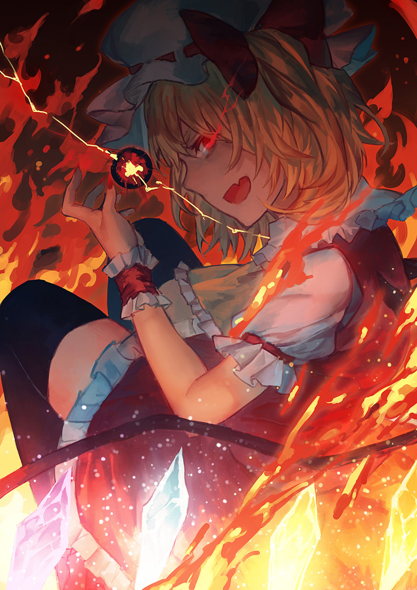 1girl ascot black_legwear blonde_hair bow crystal dark energy_ball fang fire flandre_scarlet frilled_skirt frills from_side hair_bow hand_up highres light light_particles light_trail looking_at_viewer looking_to_the_side mister_rhino_(wangzisama1001) mob_cap nail_polish open_mouth red_nails red_skirt ribbon-trimmed_headwear ribbon_trim short_sleeves side_ponytail skirt sleeveless solo thigh-highs touhou wings wrist_cuffs