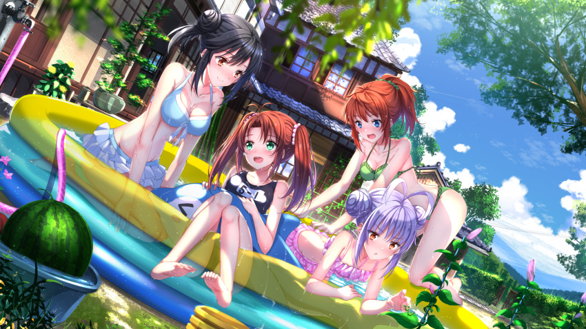 &gt;_&lt; 4girls :d all_fours alternate_hairstyle antenna_hair architecture barefoot bent_over bikini black_hair black_school_swimsuit blue_bikini blue_eyes blue_sky blurry blush blush_stickers breasts brown_eyes brown_hair bucket building chestnut_mouth cleavage clouds collarbone condensation_trail depth_of_field double_bun dutch_angle east_asian_architecture eye_contact faucet flower food frilled_bikini frills fruit gate green_bikini green_eyes hedge_(plant) highres hose house ichijou_hotaru inflatable_dolphin koshigaya_komari koshigaya_natsumi looking_at_another miyauchi_renge morning_glory multiple_girls non_non_biyori nose_blush number one-piece_swimsuit open_mouth outdoors pink_bikini plant ponytail pool potted_plant power_lines praying_mantis purple_hair school_swimsuit scrunchie seiza short_hair siblings side_ponytail sisters sitting sky sliding_doors smile soles summer sunlight swimsuit swordsouls tile_roof toe_scrunch transparent tree trellis twintails vines wading_pool wallpaper water watermelon wet window