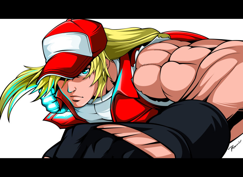baseball_cap blonde_hair blue_eyes bomber_jacket denim fatal_fury fingerless_gloves gloves hair_down hat highres jeans king_of_fighters long_hair looking_at_viewer male_focus muscle pants ponytail punching snk solo special_moves t-shirt tank_top terry_bogard timuri