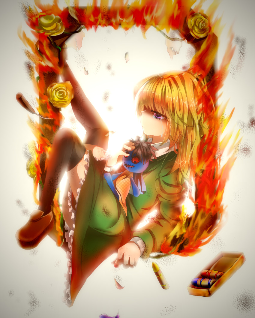 arm_support blonde_hair burning crayon doll dress fire flower full_body highres ib looking_afar mary_(ib) palette_knife petals portrait_(object) rose runoan sad spoilers tears thigh-highs violet_eyes yellow_rose zettai_ryouiki