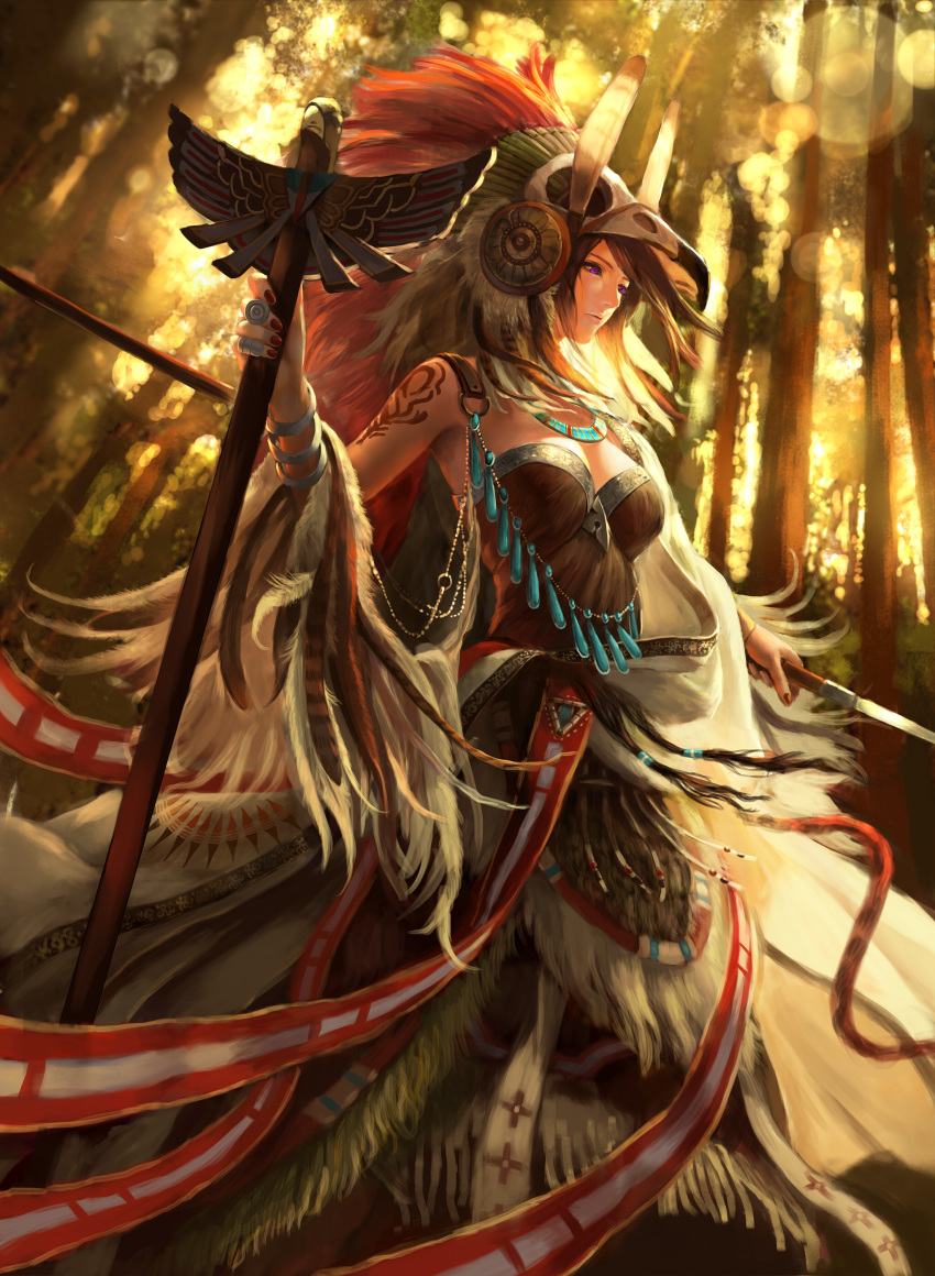 1girl absurdres armor breasts cleavage forest headdress highres jewelry nature original shogo_(shogo) solo tattoo tree weapon