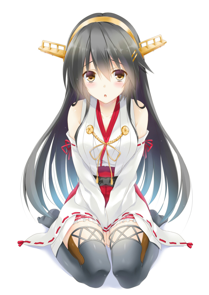 1girl bare_shoulders black_hair boots brown_eyes collarbone full_body hair_ornament hairband hairclip haruna_(kantai_collection) headgear highres kantai_collection long_hair looking_at_viewer nontraditional_miko open_mouth simple_background sitting skirt smile solo thigh-highs thigh_boots v_arms wariza white_background yukinoko_(yukinokokonoha)
