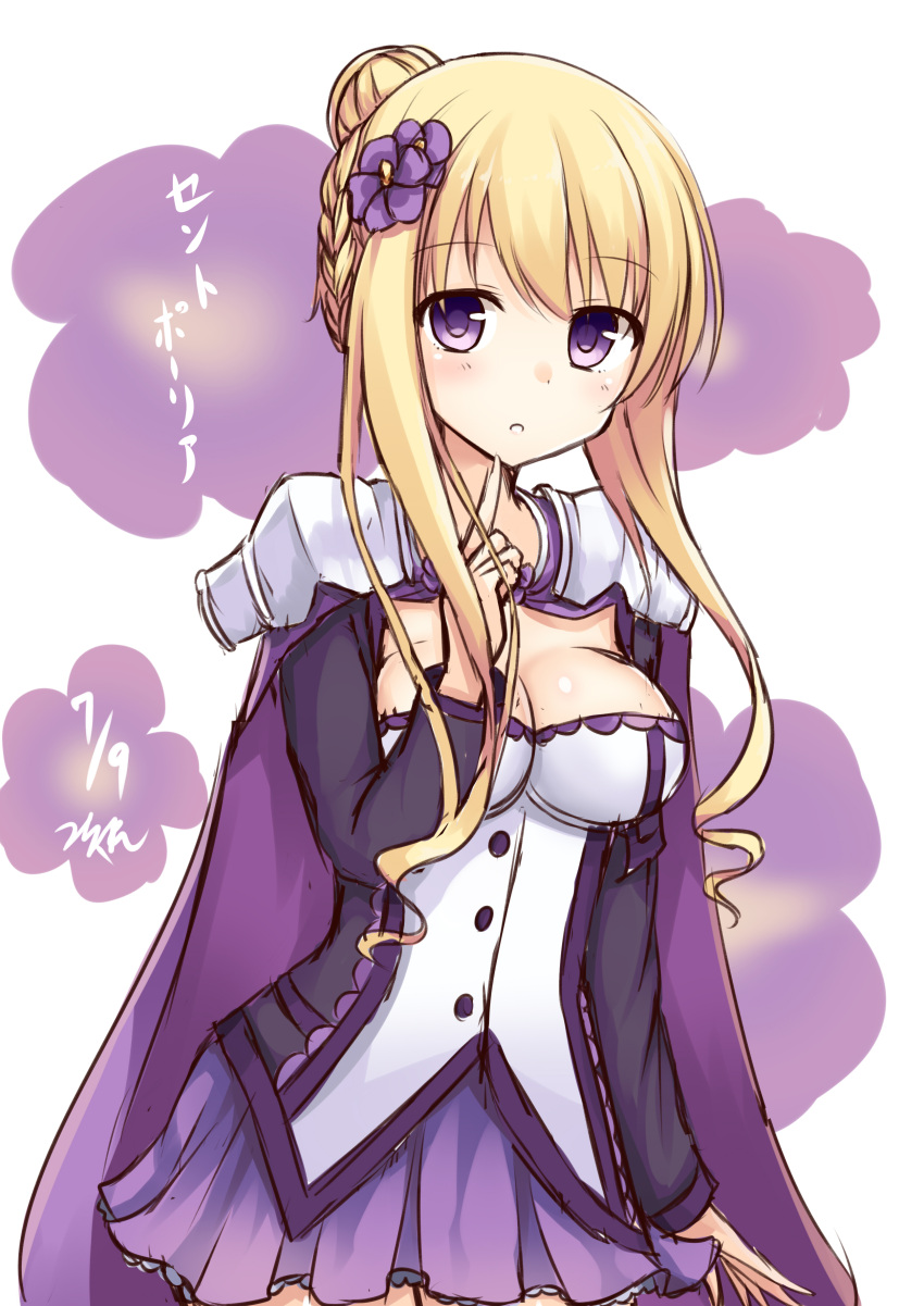 1girl :o absurdres blonde_hair breasts cape cleavage cleavage_cutout copyright_request dress finger_to_chin flower flower_knight_girl hair_bun hair_flower hair_ornament highres looking_at_viewer parted_lips purple saintpaulia_(flower_knight_girl) solo tsuchikure_(3105mitoko) twitter_username