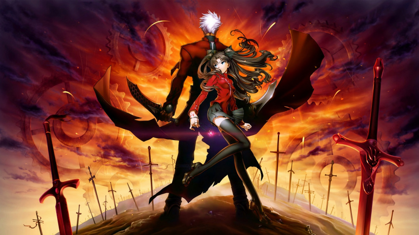 1boy 1girl archer blue_eyes brown_hair fate/unlimited_blade_works fate_(series) gem highres skirt sword thigh-highs tohsaka_rin toosaka_rin unlimited_blade_works weapon white_hair