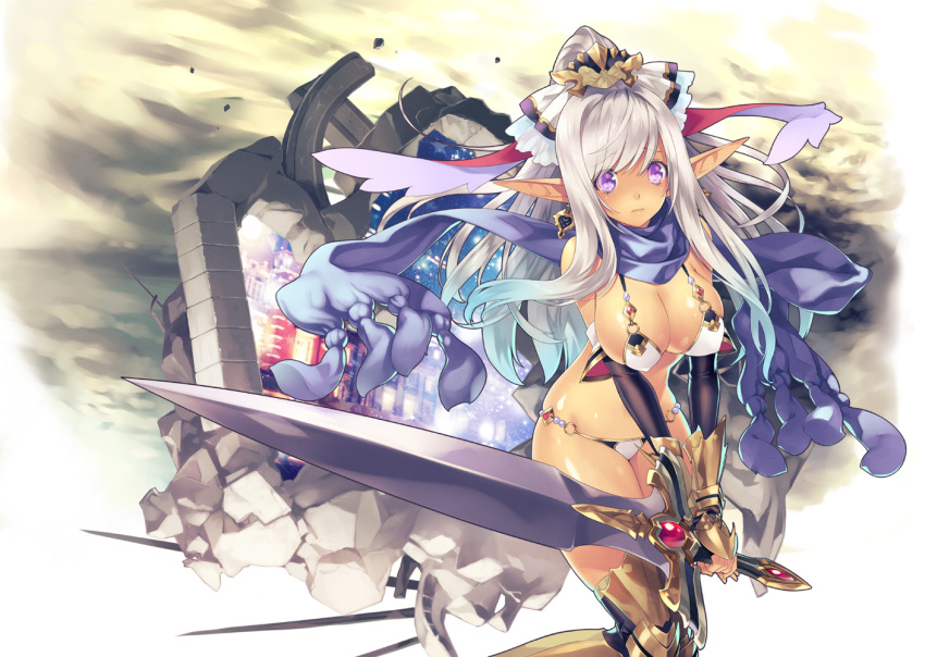 1girl armor bikini bikini_armor black_gloves bow breasts cleavage dark_skin earrings elbow_gloves fingerless_gloves gloves greaves hair_bow hair_ornament high_ponytail hirano_katsuyuki jewelry large_breasts long_pointy_ears looking_at_viewer o-ring_bikini original pointy_ears ponytail scarf silver_hair solo swimsuit sword thigh-highs vambraces violet_eyes weapon white_bikini white_swimsuit