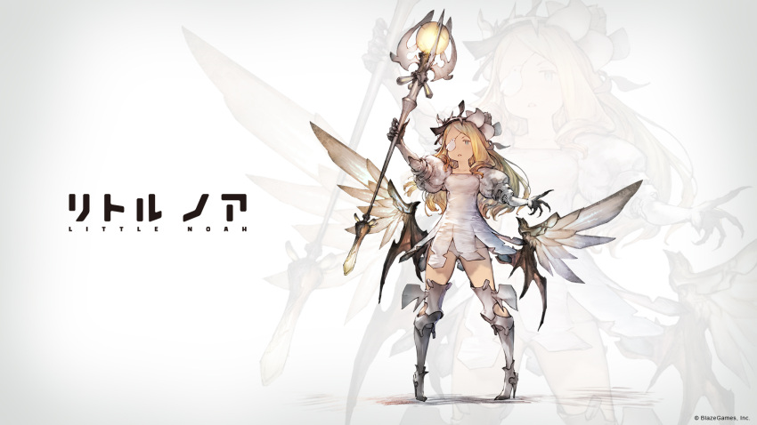 1girl armored_boots blonde_hair blue_eyes boots character_request copyright_name dress eyepatch high_heel_boots high_heels highres little_noah long_hair no_nose official_art solo staff wallpaper white_dress yoshida_akihiko zoom_layer