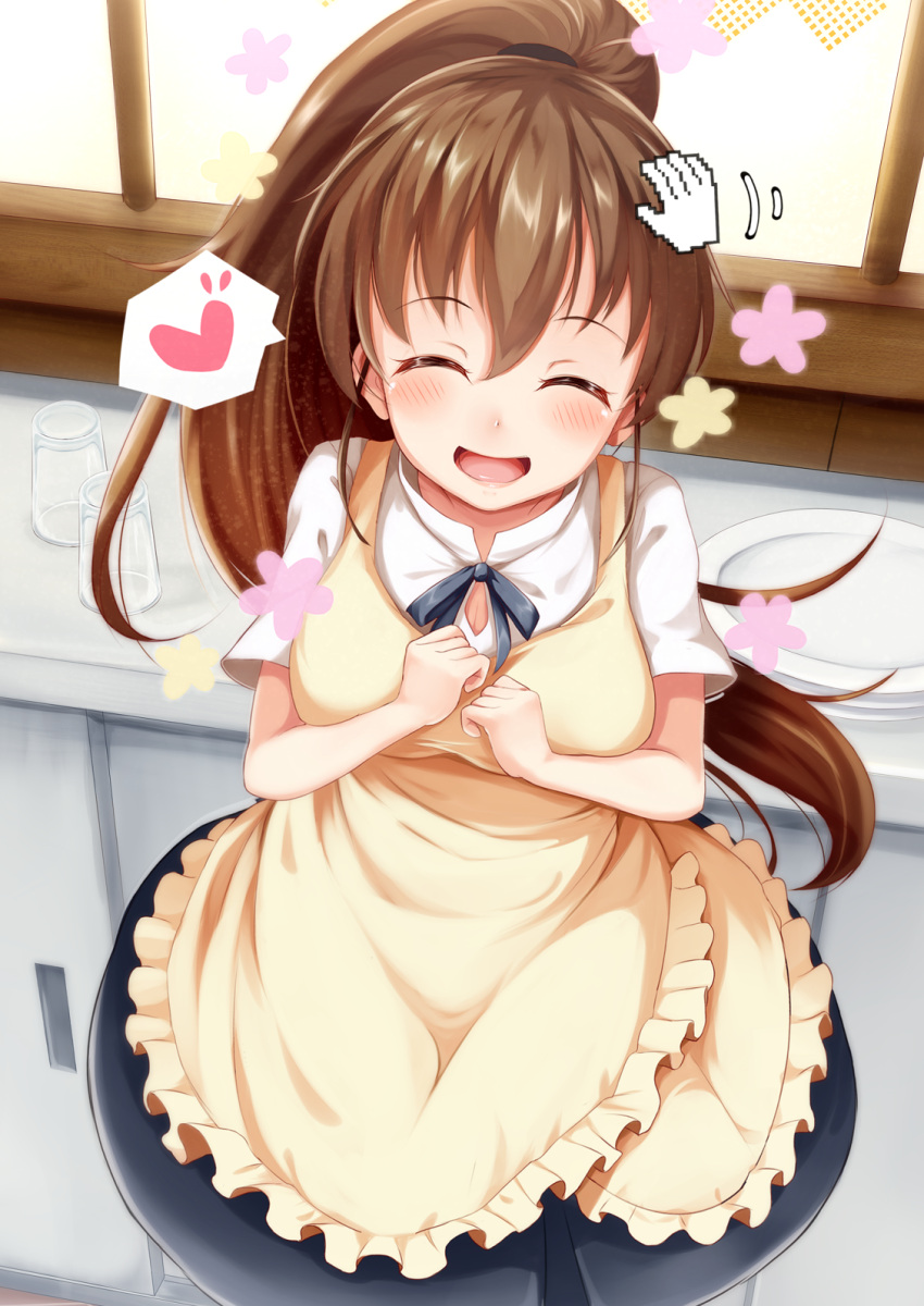 1girl apron blush breasts brown_hair closed_eyes drinking_glass highres igakusei long_hair looking_at_viewer open_mouth petting plate ponytail shirt skirt smile solo taneshima_popura very_long_hair waitress working!!