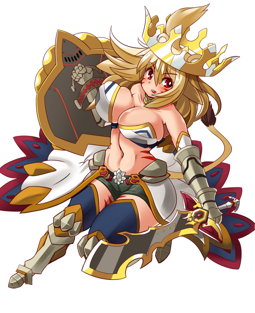 1girl animal_ears bare_shoulders blue_legwear bouncing_breasts breasts brown_hair cleavage crown facial_mark highres large_breasts lion_ears lion_tail midriff navel red_eyes shield short_shorts shorts simple_background solo sword tail thigh-highs thighs umigarasu_(magipro) vambraces weapon white_background