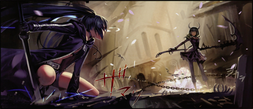 2girls alphonse_(white_datura) black_rock_shooter black_rock_shooter_(character) dead_master fighting highres multiple_girls