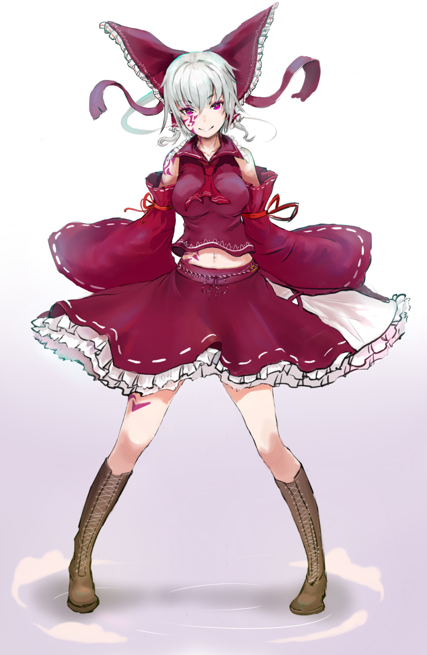 1girl boots breasts detached_sleeves facial_tattoo full_body hair_ribbon highres looking_at_viewer m.u.g.e.n maga-reimu navel ribbon skirt smile solo tattoo touhou violet_eyes white_hair xue_feng