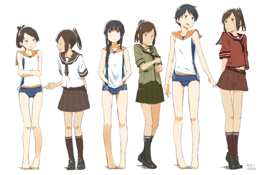 4girls black_hair blush braid brown_eyes brown_hair cosplay costume_switch hair_ribbon i-401_(kantai_collection) i-401_(kantai_collection)_(cosplay) kantai_collection kawashina_(momen_silicon) kitakami_(kantai_collection) kitakami_(kantai_collection)_(cosplay) long_hair mogami_(kantai_collection) mogami_(kantai_collection)_(cosplay) multiple_girls open_mouth ponytail ribbon sailor_collar school_uniform serafuku shikinami_(kantai_collection) shikinami_(kantai_collection)_(cosplay) short_hair smile swimsuit swimsuit_under_clothes tan