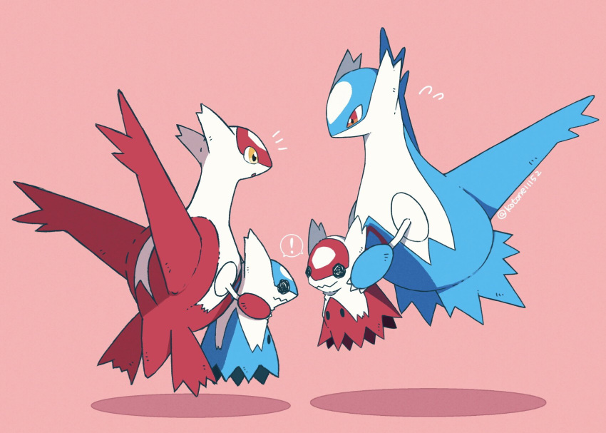 :o claws commentary_request floating flying_sweatdrops from_side highres holding kotone11152 latias latios mimikyu no_humans notice_lines pink_background pokemon pokemon_(creature) red_eyes shared_speech_bubble speech_bubble twitter_username yellow_eyes
