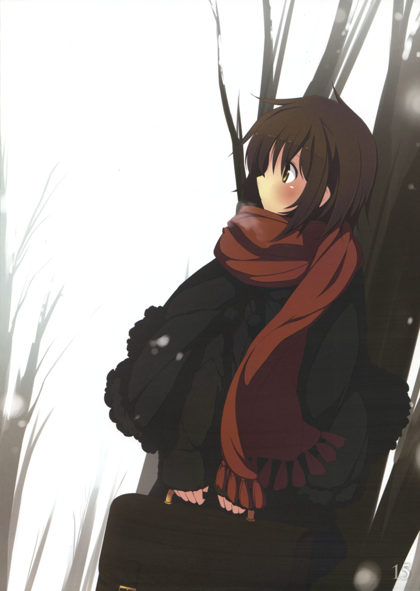 1girl absurdres bare_tree brown_hair furutaka_(kantai_collection) highres kantai_collection official_art scan short_hair snowing solo tree ugume white_sky winter_clothes yellow_eyes