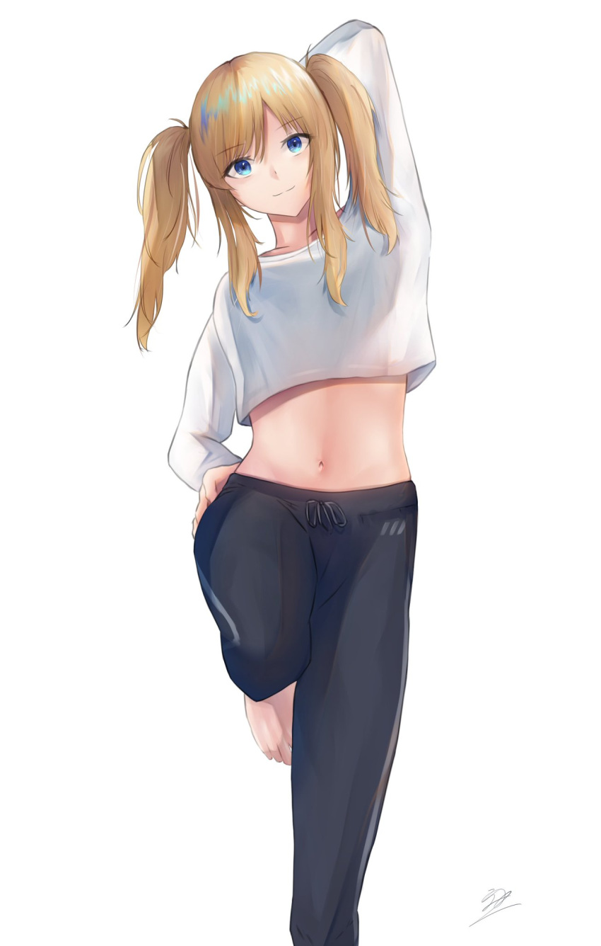 1girl arm_behind_head arm_up aruhi_(pyxk7325) bangs barefoot black_pants blonde_hair blue_eyes breasts crop_top drawstring eyebrows_visible_through_hair hand_on_hip head_tilt highres looking_at_viewer midriff navel original pants shirt sidelocks signature simple_background smile solo standing standing_on_one_leg stretch track_pants twintails white_shirt