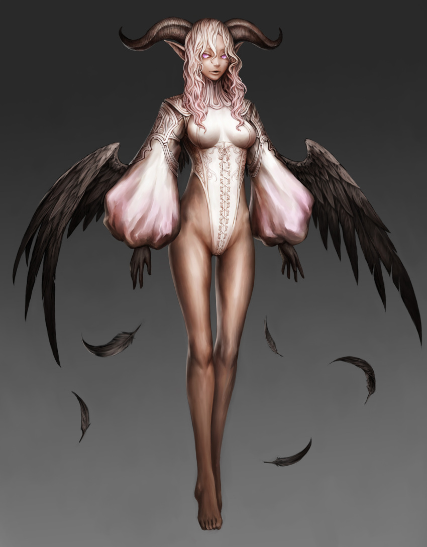 bare_legs demon_girl feathers highres horns nabe_(crow's_head) nabe_(crow's_head) pointy_ears purple_eyes violet_eyes white_hair wings