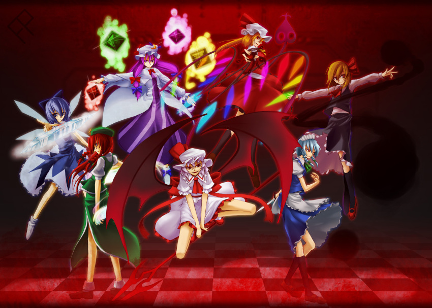 blonde_hair blue_eyes blue_hair bow braid china_dress chinese_clothes cirno crescent darkness din_(artist) din_(flypaper) dress flandre_scarlet hair_bow hair_ribbon hat highres hong_meiling izayoi_sakuya knife laevatein long_hair maid maid_headdress multiple_girls patchouli_knowledge purple_eyes purple_hair red_eyes red_hair remilia_scarlet ribbon rumia short_hair silver_hair spear_the_gungnir the_embodiment_of_scarlet_devil touhou twin_braids wings