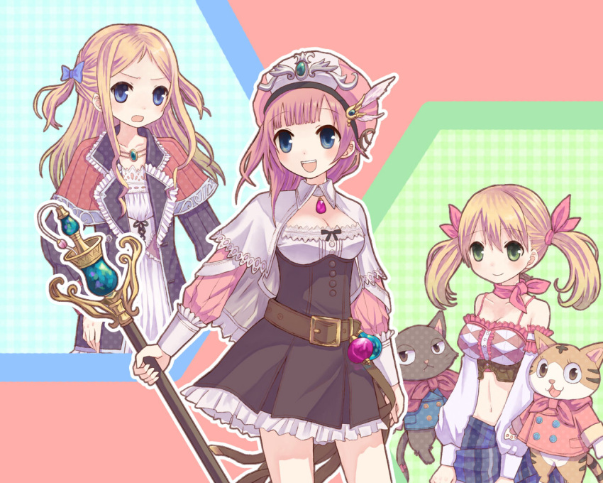 atelier_(series) atelier_rorona blonde_hair blue_eyes breasts brown_dress cat cleavage cuderia_von_feuerbach dress flat_chest green_eyes hair_ornament hat hinuki_marina jewelry large_breasts lionela_heinze midriff multiple_girls one_side_up pendant red_hair ribbon rororina_fryxell staff twintails