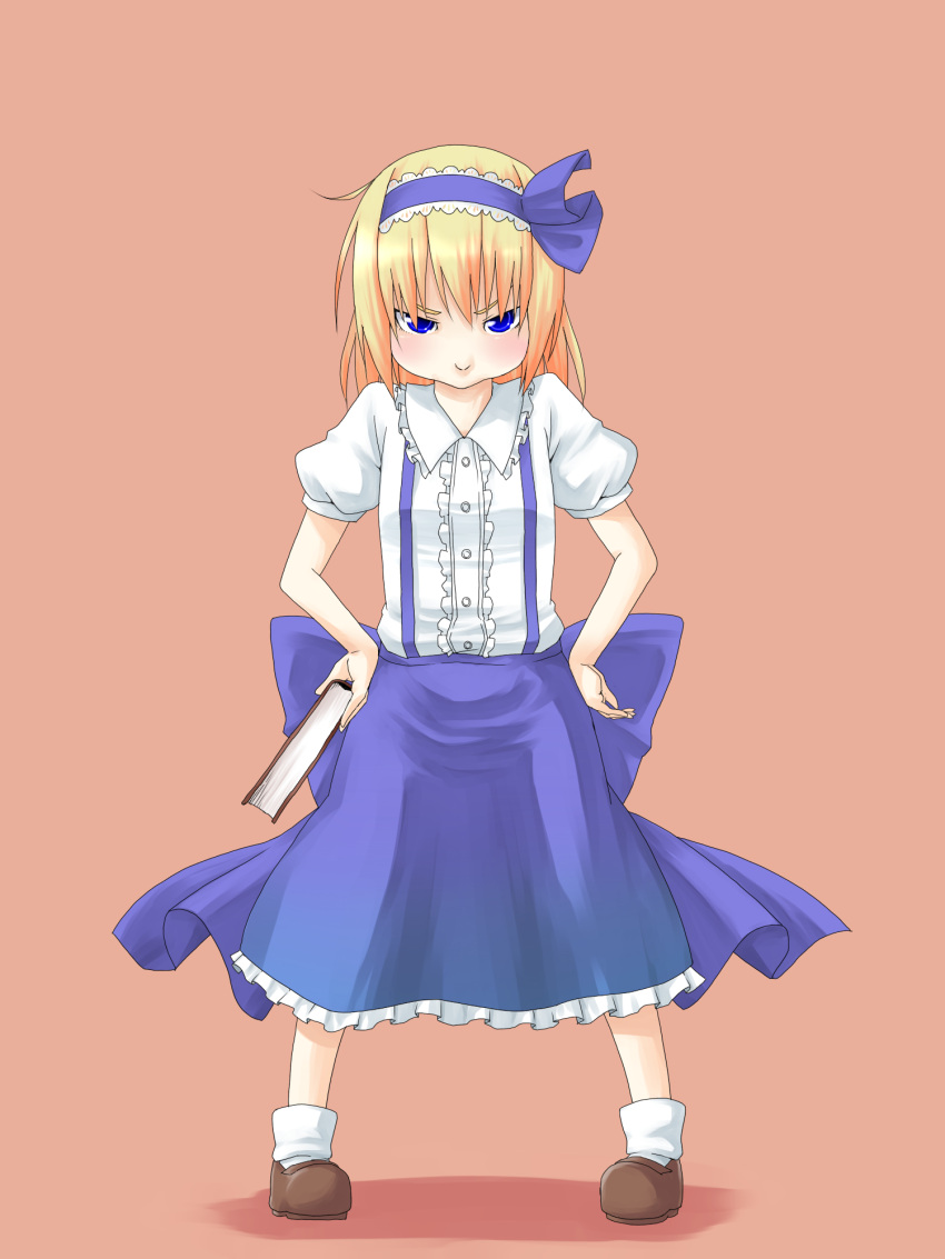 alice_margatroid alice_margatroid_(pc-98) blonde_hair blue_eyes book child hairband hands_on_hips highres pout shiro_negi short_hair simple_background touhou touhou_(pc-98)