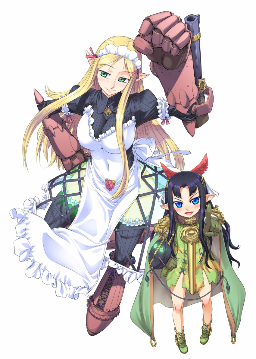 absurdres anklet apron blonde_hair blue_eyes blue_hair blush boots breasts cannon cape clenched_hand elbow_gloves fang fangs fist flower freckles frills gloves green_eyes gun highres huit jewelry koume_keito large_breasts long_hair maid multiple_girls pointy_ears queen's_blade queen's_blade_rebellion raised_fist thigh-highs thighhighs vante weapon