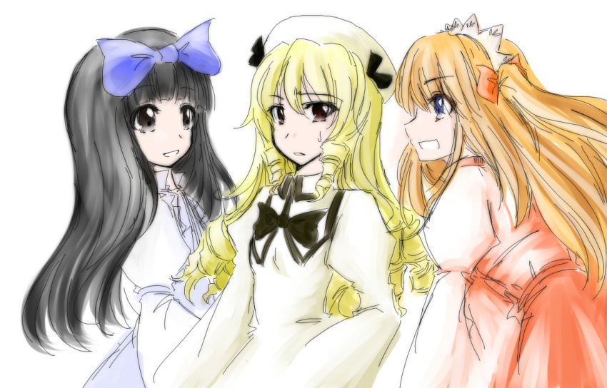 adult alternate_hairstyle black_eyes black_hair blonde_hair blue_eyes brown_eyes long_hair luna_child milksea multiple_girls orange_hair star_sapphire sunny_milk touhou