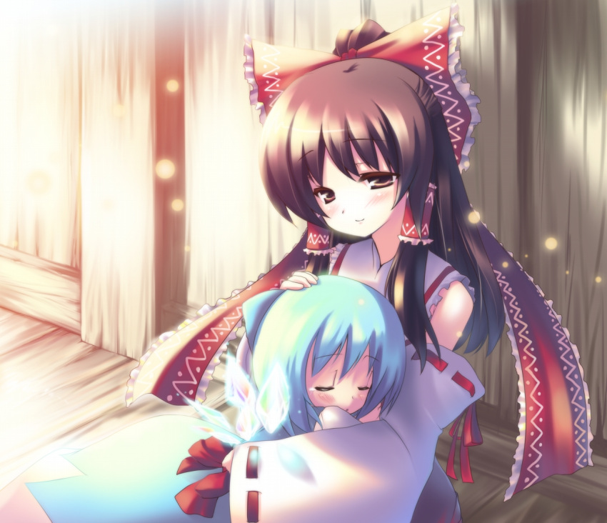 2girls blue_eyes bow brown_eyes brown_hair cirno detached_sleeves hakurei_reimu hug multiple_girls short_hair sleeping touhou usume_shirou wings