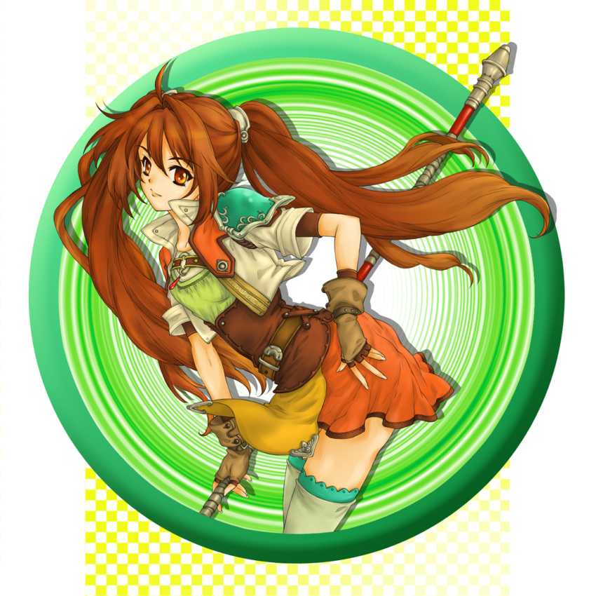 brown_eyes brown_hair circle eiyuu_densetsu estelle_bright falcom fingerless_gloves gene_(pixiv) gloves legend_of_heroes long_hair orange_dress skirt solo sora_no_kiseki staff thigh-highs thighhighs twintails