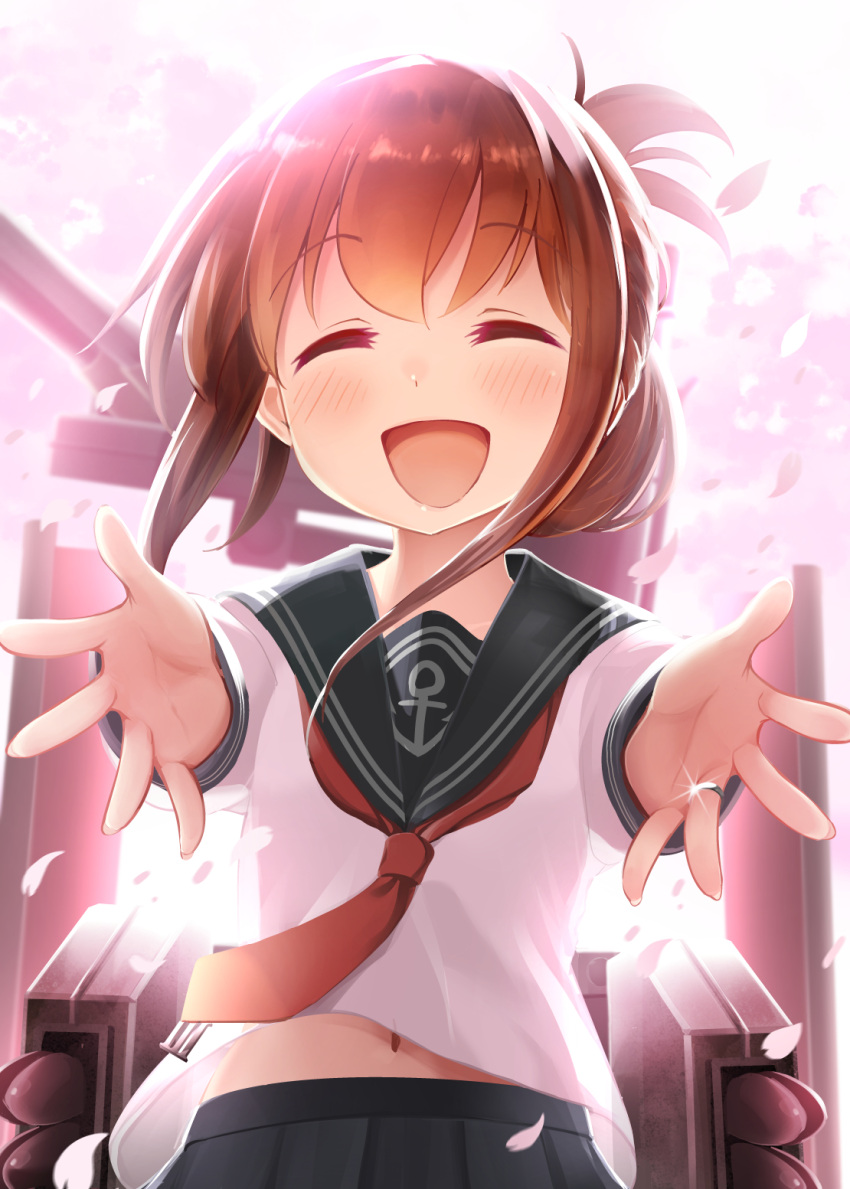 1girl backless_outfit bell_(oppore_coppore) blush brown_hair closed_eyes folded_ponytail highres inazuma_(kantai_collection) incoming_hug jewelry kantai_collection machinery navel neckerchief open_mouth revision ring school_uniform serafuku shirt skirt smile solo