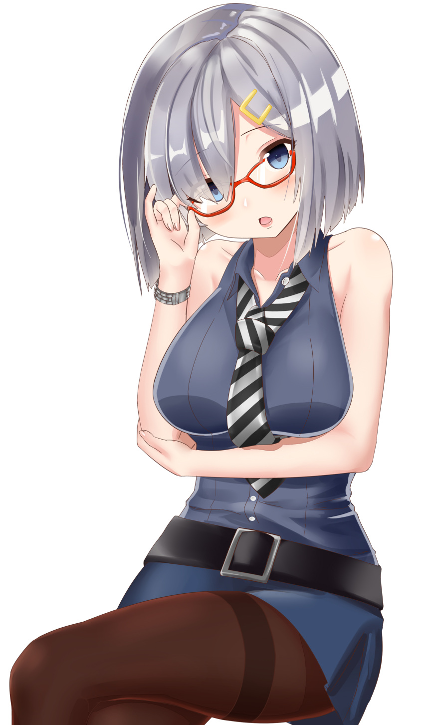 1girl absurdres belt bespectacled blue_eyes breasts glasses hair_ornament hairclip hamakaze_(kantai_collection) highres kantai_collection necktie pantyhose short_hair silver_hair sin_(kami148) solo