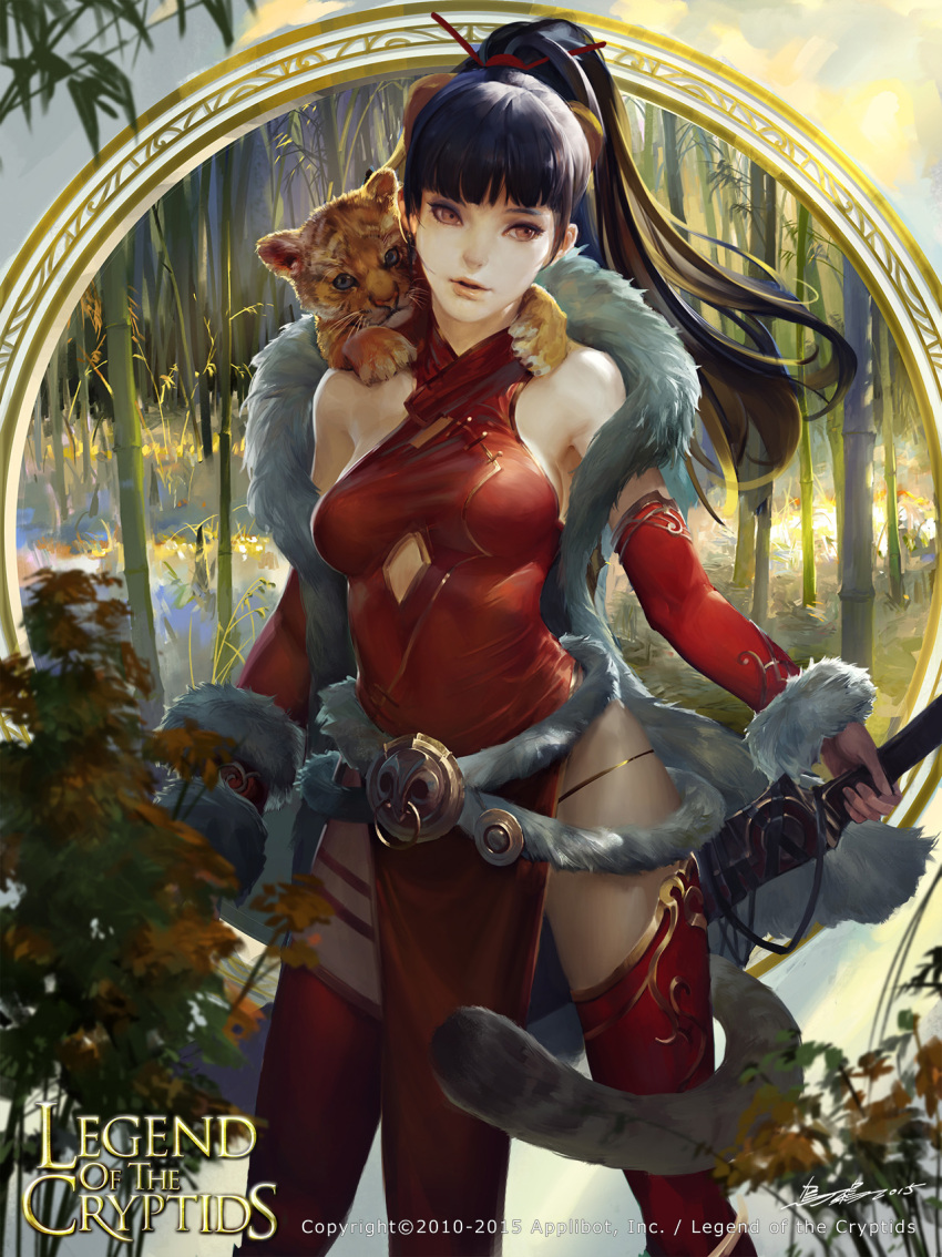 1girl 2015 bamboo bare_shoulders black_hair breasts cleavage copyright_name crowgod fur_trim hair_ornament hair_stick highres legend_of_the_cryptids lion_cub long_hair open_mouth ponytail red_clothes red_eyes red_legwear signature tail watermark weapon