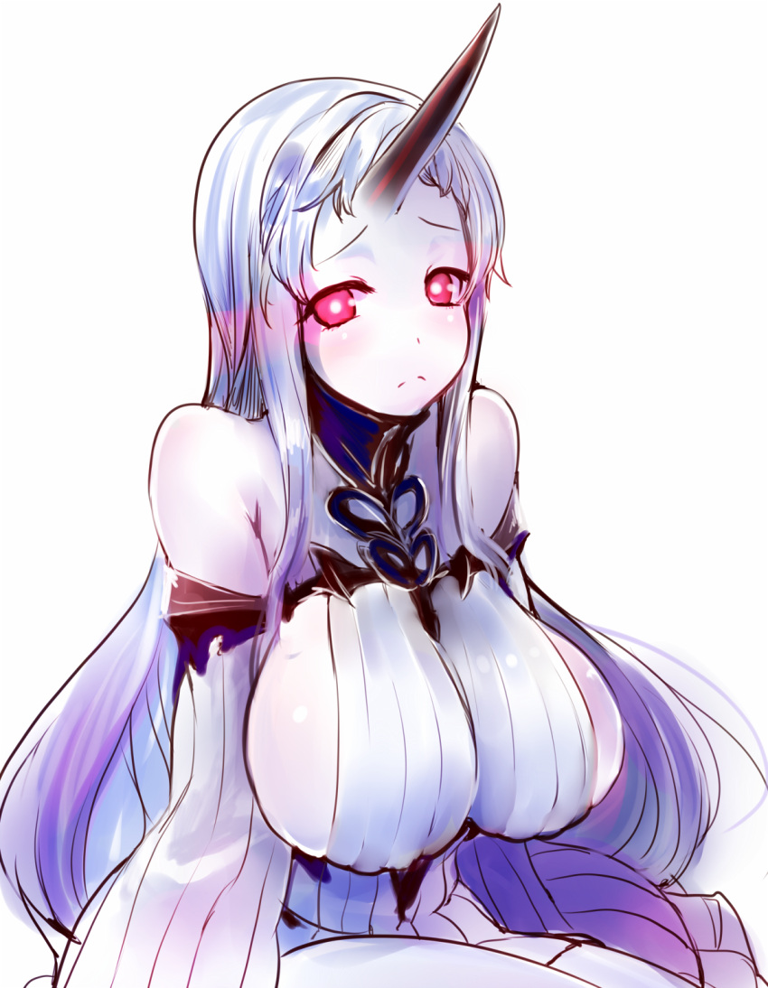 1girl bare_shoulders blush breasts claws detached_sleeves dress frown highres horn kantai_collection large_breasts long_hair looking_at_viewer red_eyes ribbed_dress seaport_hime shinkaisei-kan sideboob solo tori_kaku very_long_hair white_hair