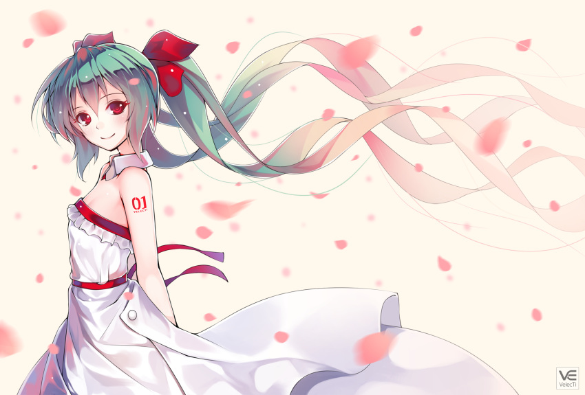 1girl arms_behind_back blonde_hair blush detached_collar dress frilled_dress frills from_side gradient_hair green_hair hair_ribbon hatsune_miku highres long_hair looking_at_viewer multicolored_hair number petals red_eyes ribbon smile solo twintails veilrain very_long_hair vocaloid watermark white_dress wind